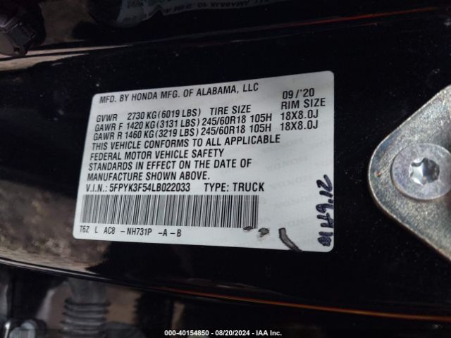 5FPYK3F54LB022033 Honda Ridgeline Awd Rtl