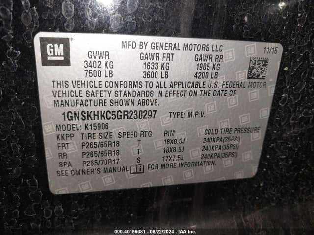 Chevrolet Suburban Lt 2016 1GNSKHKC5GR230297 Image 9