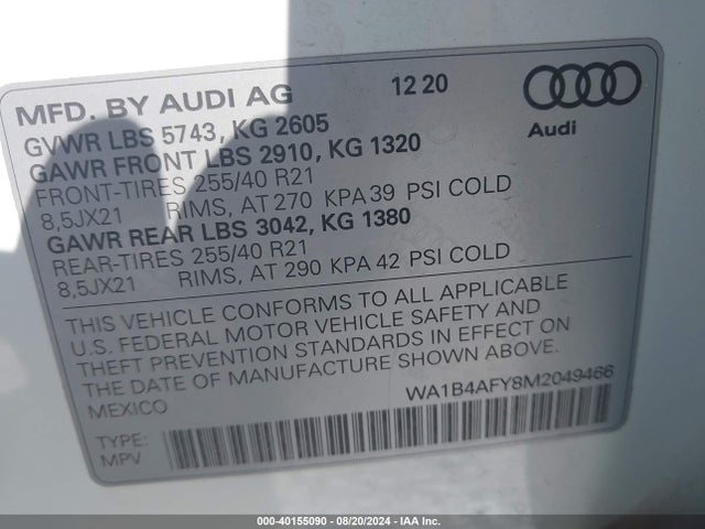 WA1B4AFY8M2049466 Audi Sq5 Premium Plus Tfsi Quattro Tiptronic