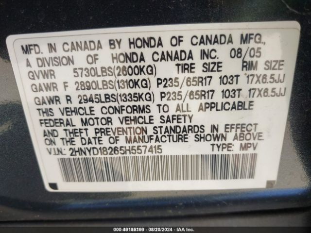 2005 ACURA MDX 2HNYD18265H557415 Photo 8
