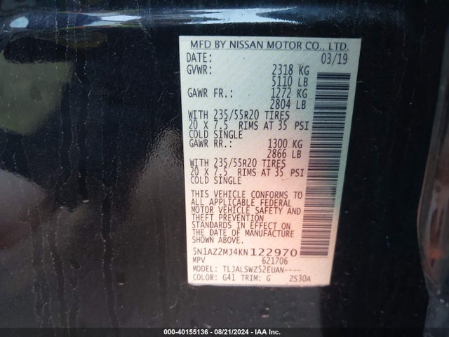 Nissan Murano Platinum 2019 5N1AZ2MJ4KN122970 Image 9