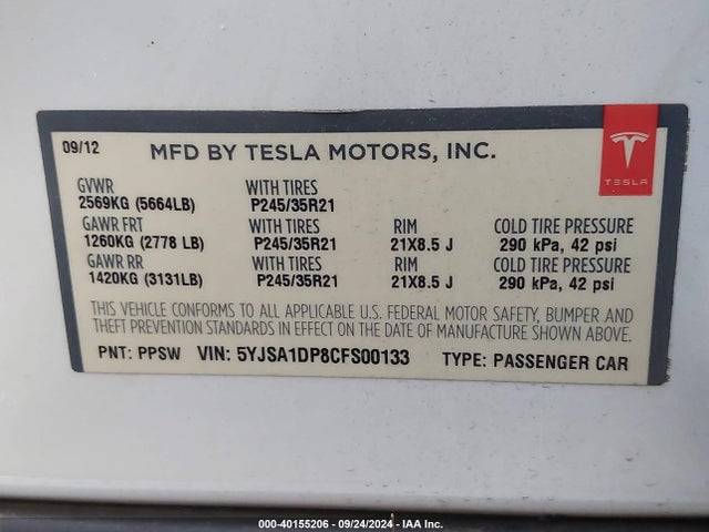 2012 TESLA MODEL S 5YJSA1DP8CFS00133 Photo 8