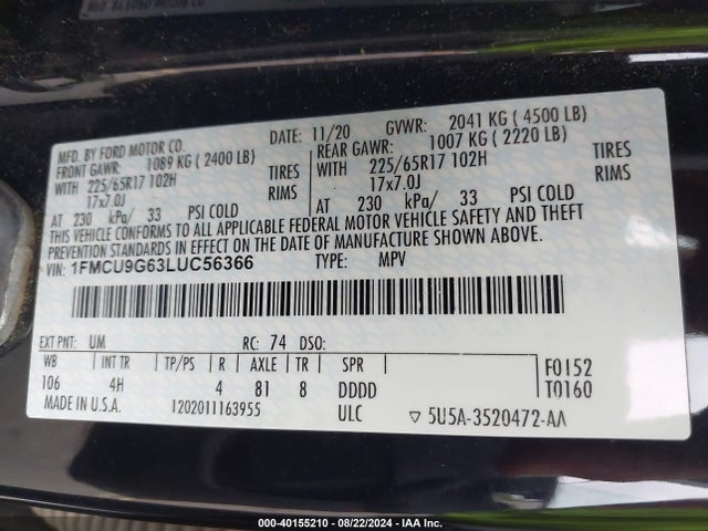 Ford ESCAPE SE 2020 1FMCU9G63LUC56366 Image 9