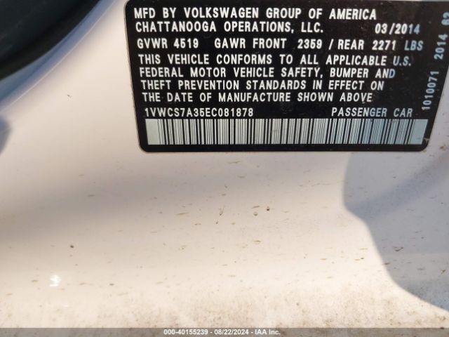 1VWCS7A35EC081878 Volkswagen Passat 1.8t Sel Premium