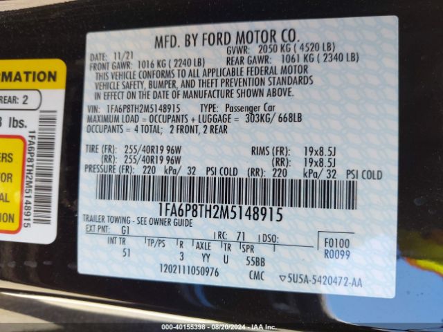 1FA6P8TH2M5148915 Ford Mustang Ecoboost Premium Fastback