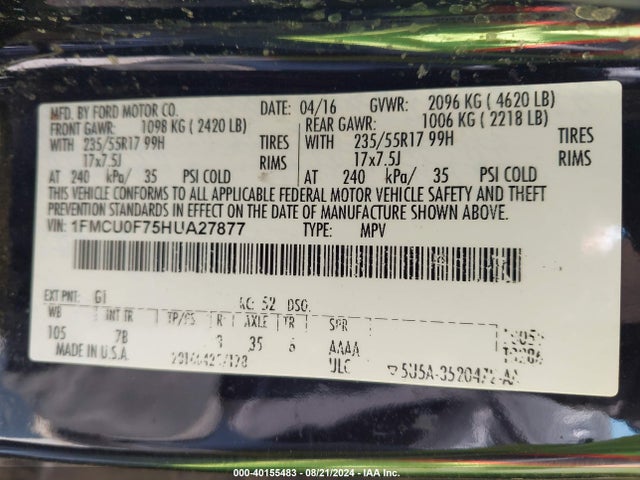 Ford ESCAPE S 2017 1FMCU0F75HUA27877 Image 9