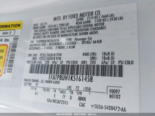 1FATP8UH1K5161458 Ford Mustang Ecoboost Premium