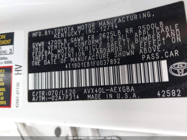 4T1BD1EB1FU037892 Toyota Avalon Hybrid Xle Premium