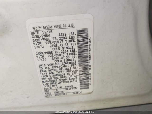 JN8AT2MT1HW134315 Nissan ROGUE S