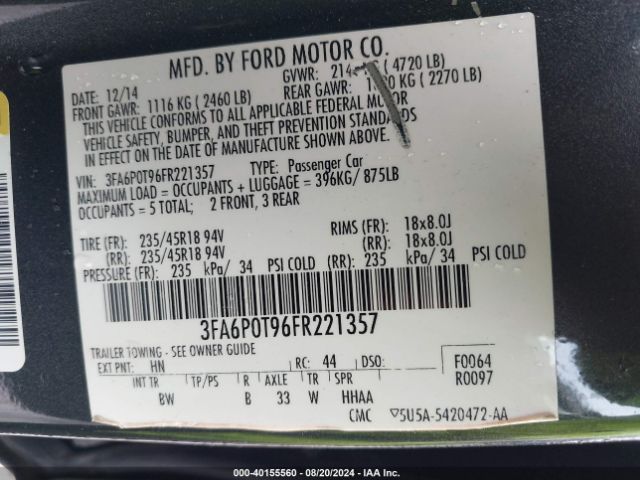 3FA6P0T96FR221357 Ford FUSION SE