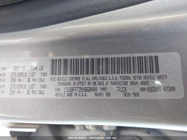 1C6SRFFT2KN668494 RAM 1500 Big Horn/lone Star  4x4 5'7 Box