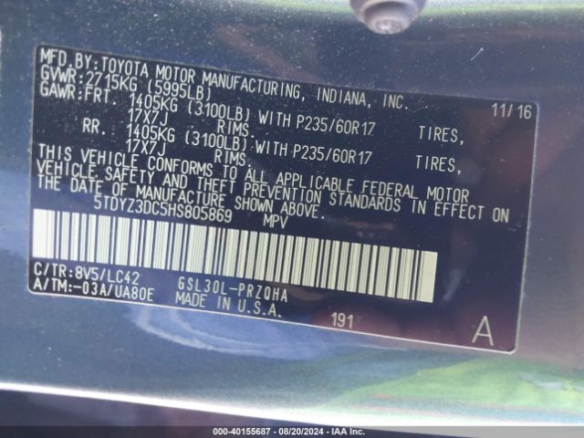 5TDYZ3DC5HS805869 Toyota Sienna Xle 8 Passenger