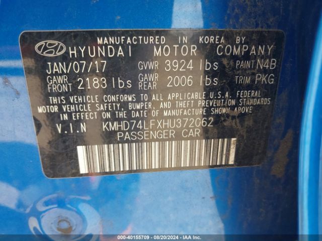 KMHD74LFXHU372062 Hyundai ELANTRA SE