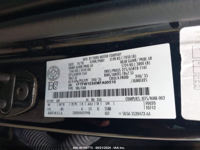 1FTFW1E8XMFA00510 Ford F-150 Xlt