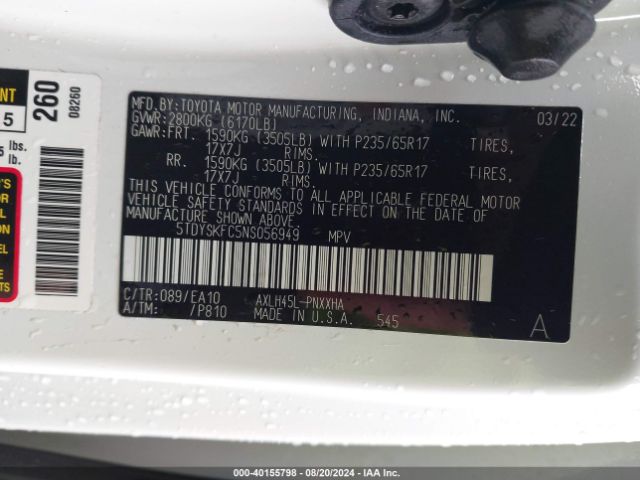 5TDYSKFC5NS056949 Toyota SIENNA XLE
