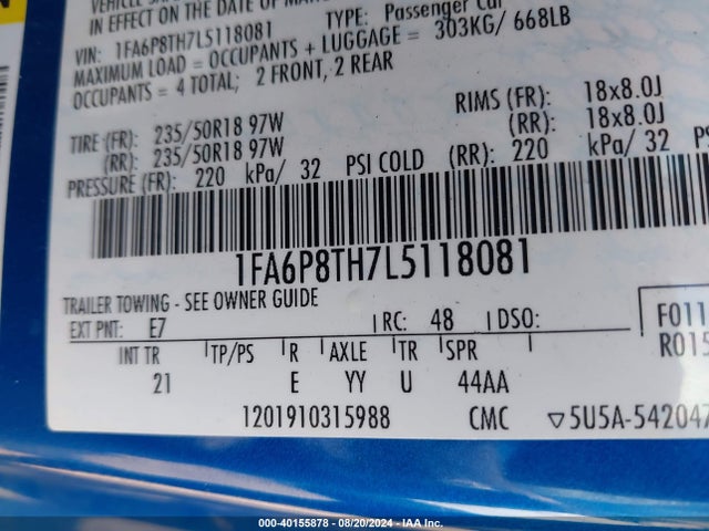 Ford Mustang Ecoboost Fastback 2020 1FA6P8TH7L5118081 Image 9