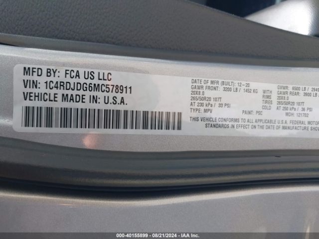 1C4RDJDG6MC578911 Dodge Durango Gt Plus Awd