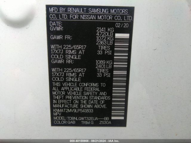 KNMAT2MV9LP541833 Nissan Rogue Sv Intelligent Awd