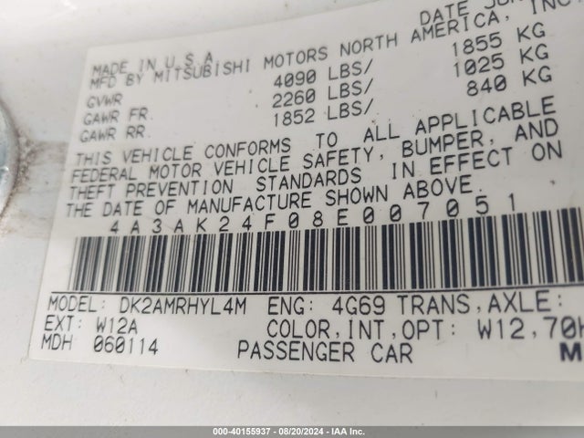 2008 MITSUBISHI ECLIPSE 4A3AK24F08E007051 Photo 8