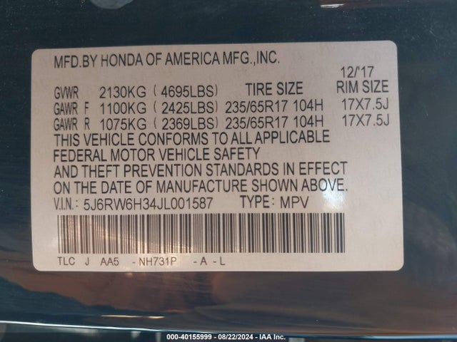 5J6RW6H34JL001587 Honda CR-V LX