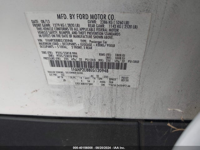 Ford TAURUS SEL 2014 1FAHP2E88EG120948 Image 9