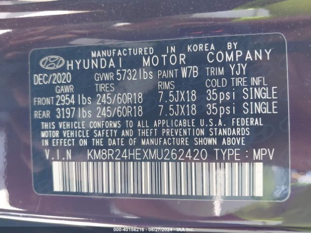 KM8R24HEXMU262420 Hyundai Palisade Sel