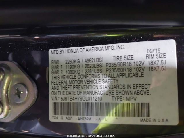 5J8TB4H76GL011210 Acura Rdx Advance Package