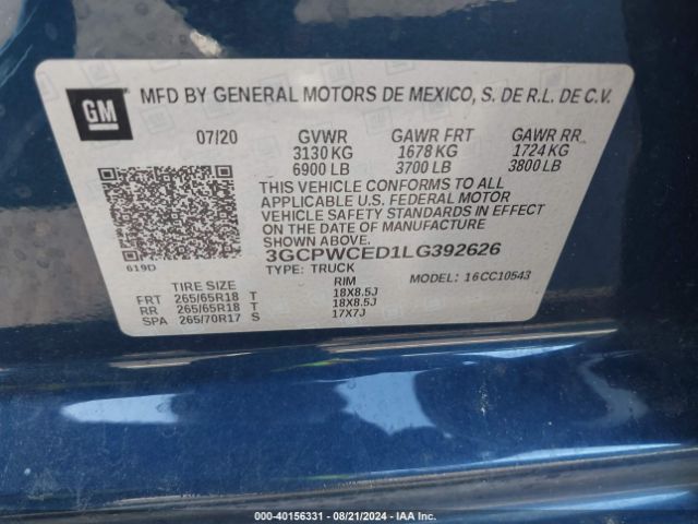 3GCPWCED1LG392626 Chevrolet Silverado 1500 2wd  Short Bed Lt