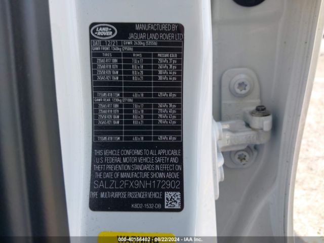 SALZL2FX9NH172902 Land Rover Range Rover Evoque R-dynamic Se