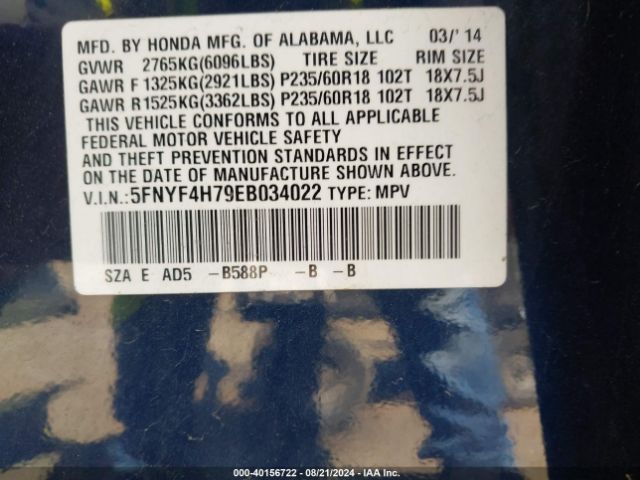 5FNYF4H79EB034022 Honda Pilot Ex-l
