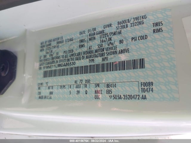 Продажа на аукционе авто 2008 Ford E-150 Xl/xlt, vin: 1FMNE11L98DA86530, номер лота: 40156764