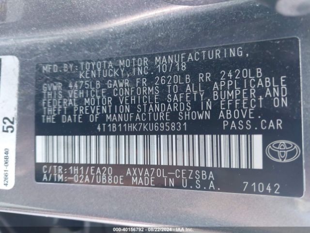 4T1B11HK7KU695831 Toyota CAMRY SE