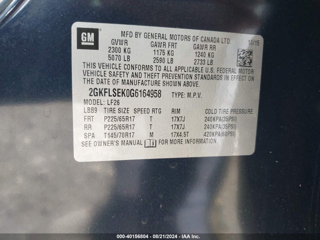 GMC Terrain Sle-1 2016 2GKFLSEK0G6164958 Image 9