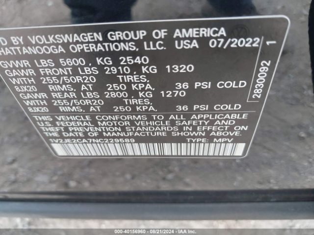 1V2JE2CA7NC229589 Volkswagen Atlas Cross Sport 3.6l V6 Se W/technology