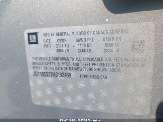 Chevrolet IMPALA 1LT 2017 2G1105S37H9192469 Image 9