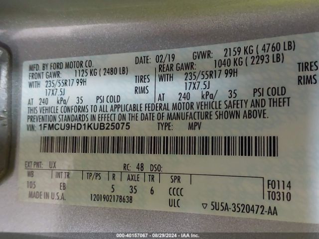 1FMCU9HD1KUB25075 Ford ESCAPE SEL