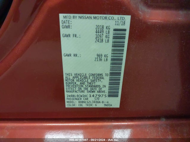 Nissan Altima 2.5 Sr 2019 1N4BL4CW1KC147975 Image 9