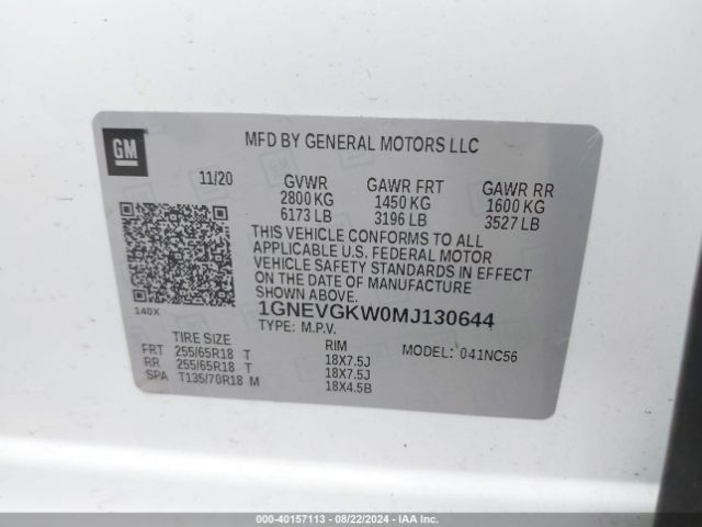 1GNEVGKW0MJ130644 Chevrolet Traverse Awd Lt Cloth