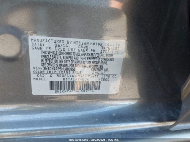 3N1CN7AP5HL803956 Nissan Versa 1.6 S+