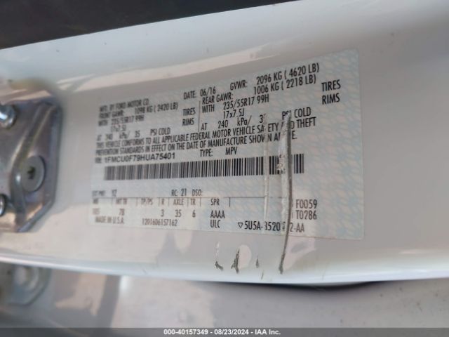 1FMCU0F79HUA75401 Ford ESCAPE S