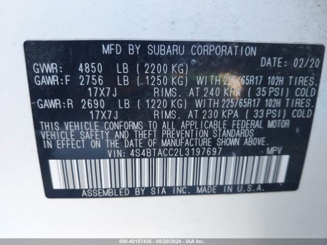 4S4BTACC2L3197697 Subaru Outback Premium