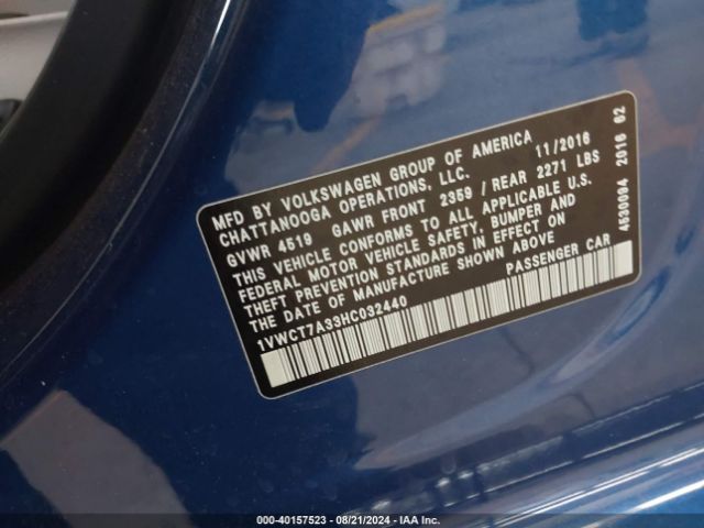 1VWCT7A33HC032440 Volkswagen Passat 1.8t Sel Premium