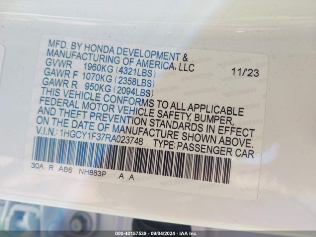 1HGCY1F37RA023748 Honda ACCORD EX