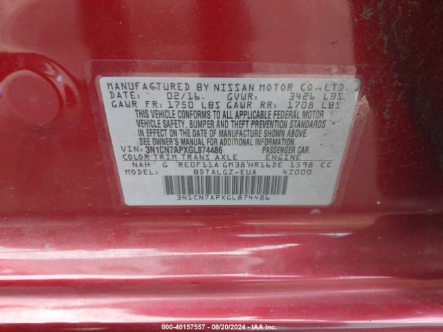 3N1CN7APXGL874486 Nissan Versa 1.6 Sl
