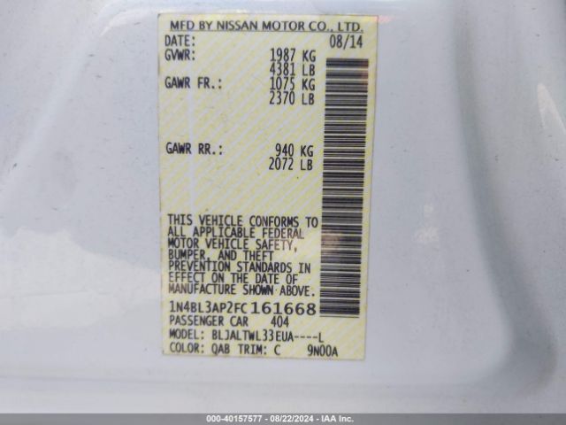 1N4BL3AP2FC161668 Nissan Altima 3.5 Sl