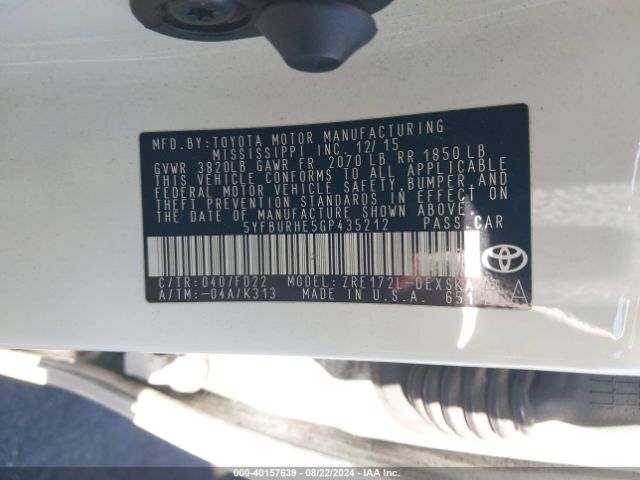 5YFBURHE5GP435212 Toyota Corolla S Plus