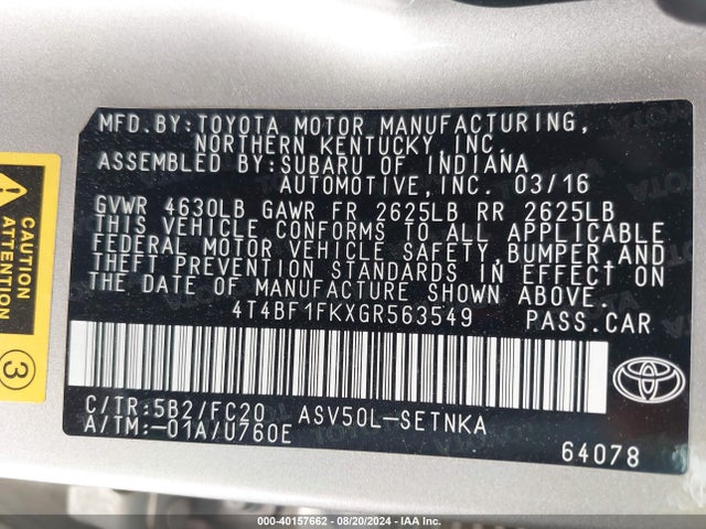 Toyota CAMRY LE 2016 4T4BF1FKXGR563549 Image 9