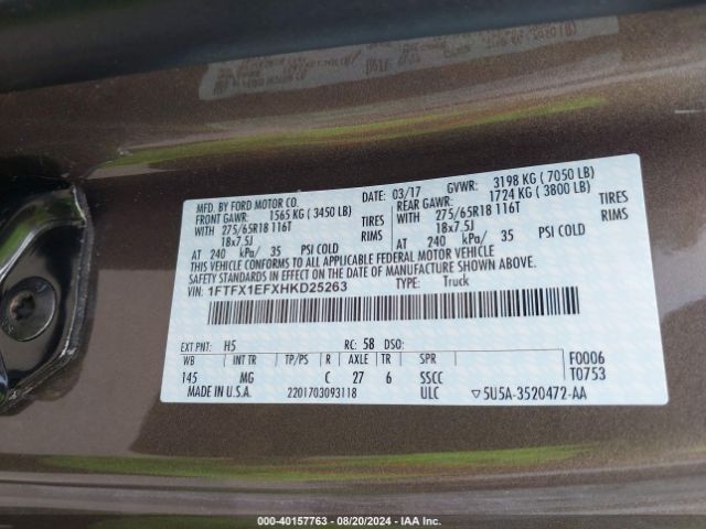 1FTFX1EFXHKD25263 Ford F-150 Xlt