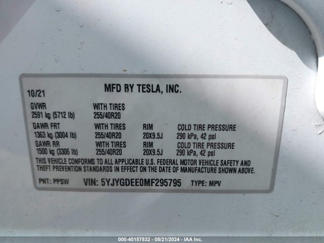 2021 TESLA MODEL Y 5YJYGDEE0MF295795 Photo 8