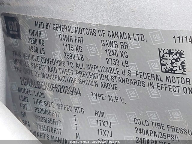 Chevrolet EQUINOX 1LT 2015 2GNALBEK9F6203994 Image 9